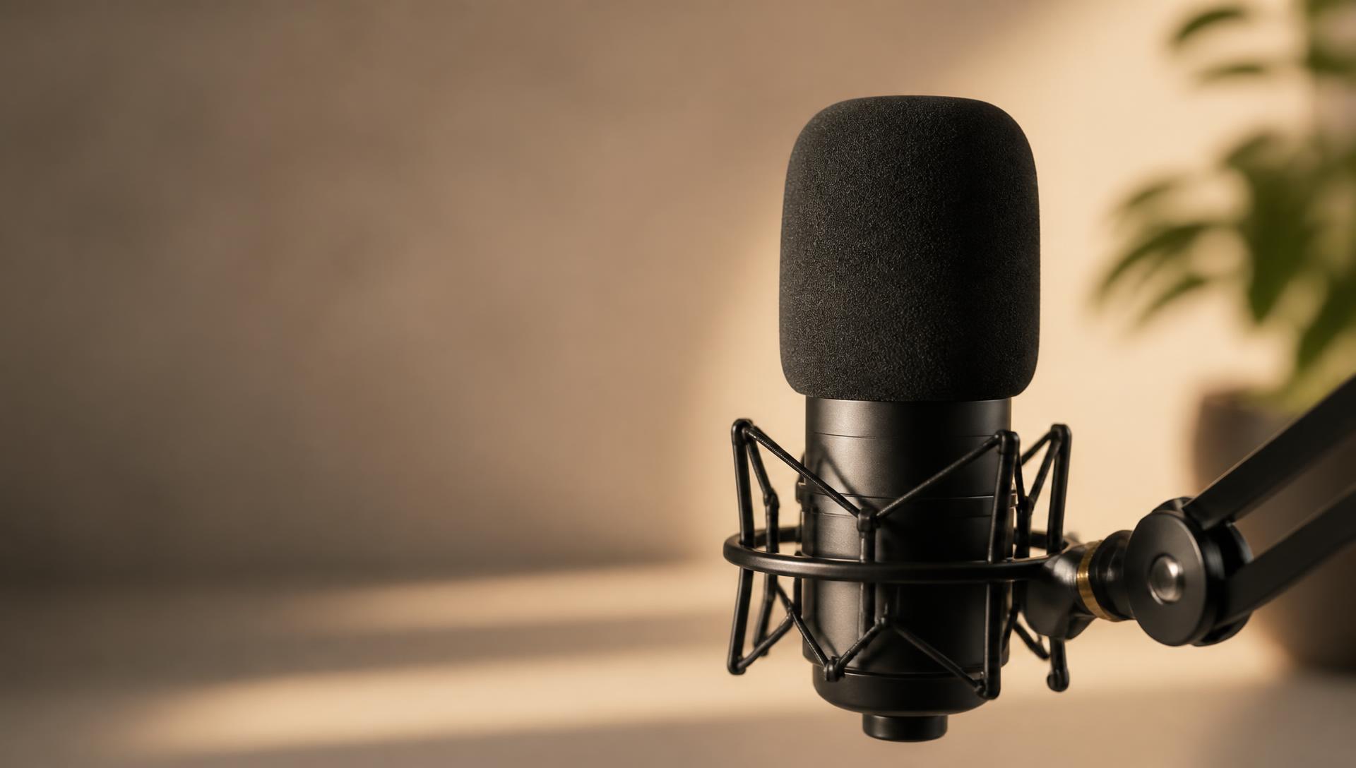 A professional podcast microphone in warm studio light